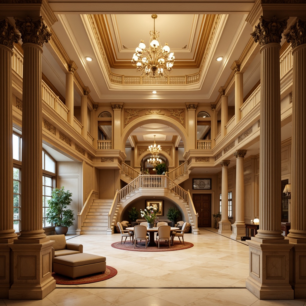 Prompt: Elegant basement, neoclassical columns, ornate moldings, luxurious chandeliers, rich wood paneling, cream-colored marble floors, grand staircases, intricate carvings, sophisticated furnishings, lavish textiles, warm golden lighting, shallow depth of field, 2/3 composition, realistic render, ambient occlusion.