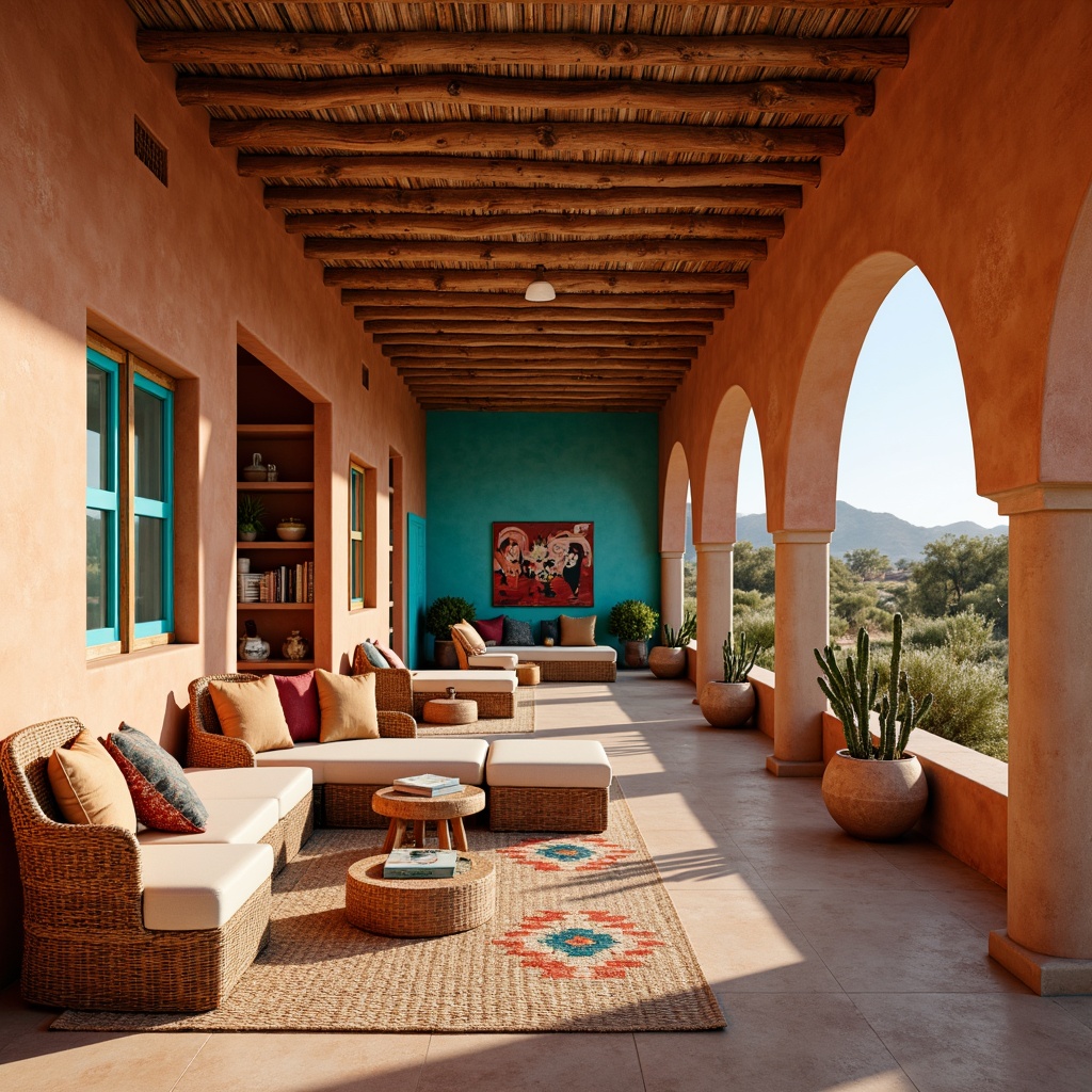 Prompt: Warm terracotta walls, earthy adobe architecture, vibrant turquoise accents, sandy beige flooring, rustic wooden shelves, woven wicker furniture, colorful Navajo-inspired textiles, geometric patterned rugs, natural stone columns, arched windows, soft warm lighting, cozy reading nooks, desert landscape views, clear blue skies, cacti plants, warm sunny day, shallow depth of field, 3/4 composition, panoramic view, realistic textures, ambient occlusion.