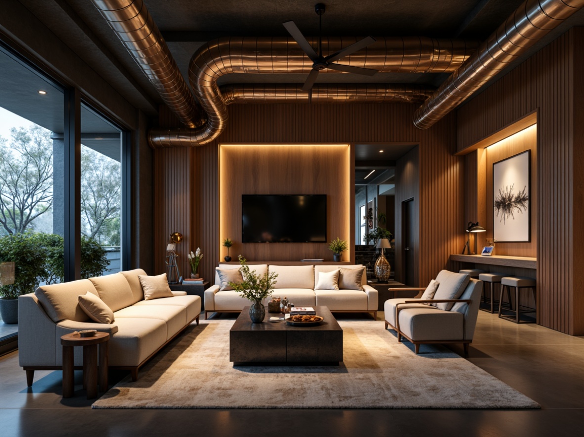 Prompt: Luxurious living room, metallic accents, polished chrome fixtures, rich gold details, sleek silver hardware, industrial copper pipes, modern minimalist decor, high-gloss floors, dramatic lighting, atmospheric ambiance, 1/1 composition, shallow depth of field, realistic reflections, ambient occlusion.