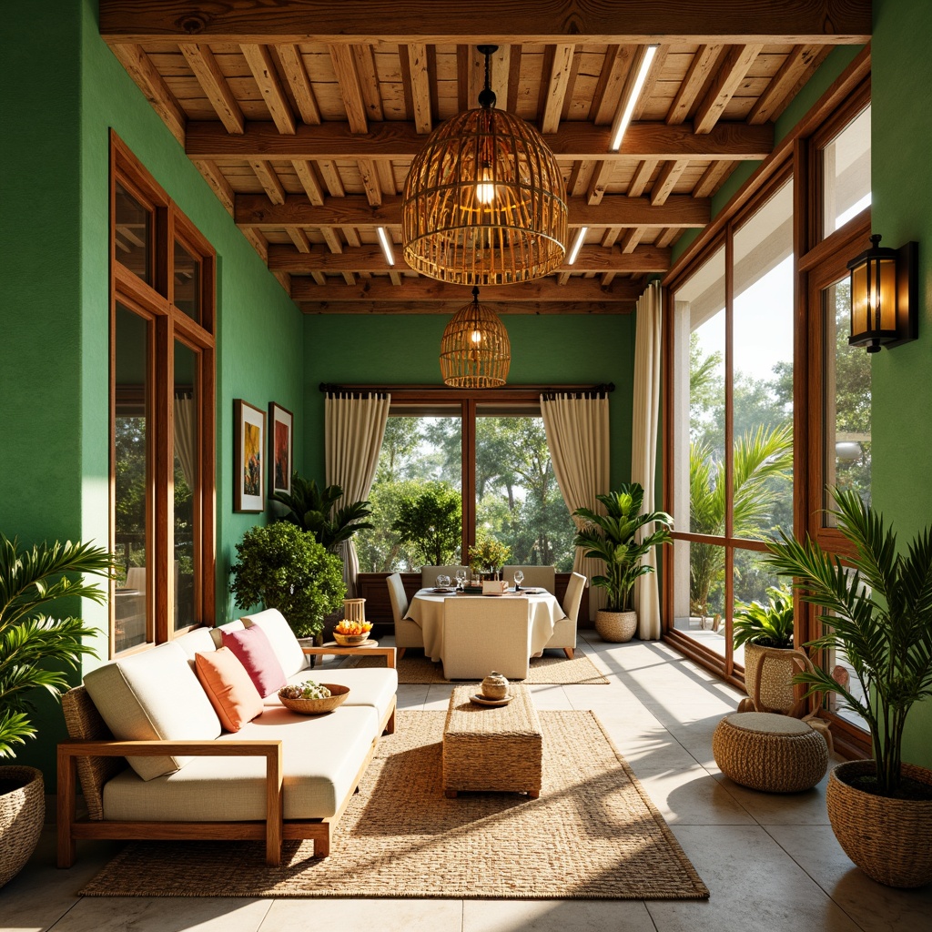 Prompt: Vibrant tropical interior, lush green walls, exotic wood accents, woven rattan furniture, colorful tiki torches, warm ambient lighting, soft pastel hues, natural fiber textiles, organic shapes, curved lines, eclectic decorative accessories, layered ceiling treatments, statement light fixtures, dramatic chandeliers, pendant lamps, LED strip lights, floor-to-ceiling windows, sliding glass doors, tropical plants, natural stone floors, warm beige tones, creamy whites, sunny day, soft warm glow, shallow depth of field, 1/1 composition, realistic textures.