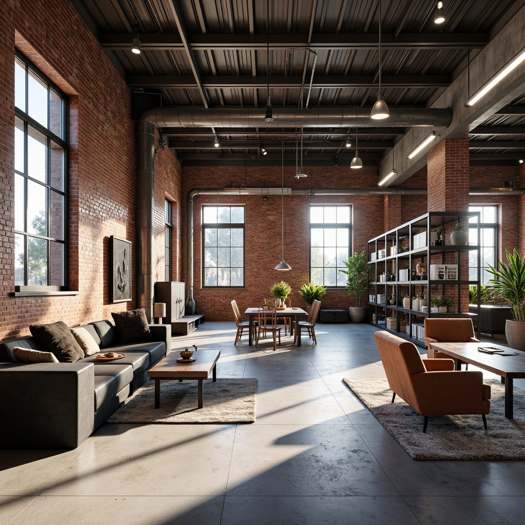 Prompt: Industrial warehouse interior, open space layout, Bauhaus style, exposed brick walls, polished concrete floors, high ceilings, metal beams, minimalist decor, functional lighting, industrial chic furniture, sleek metal shelving units, modern art pieces, geometric shapes, bold color accents, natural light pouring in, dramatic shadows, 1/1 composition, softbox lighting, realistic textures, ambient occlusion.