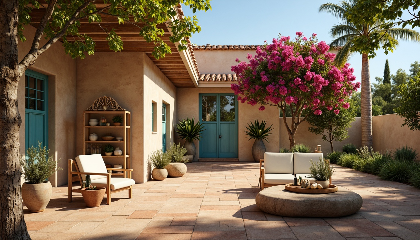 Prompt: Warm Mediterranean villa, rustic stone walls, terracotta roof tiles, ornate wooden doors, distressed wood accents, soft blue shutters, vibrant bougainvillea flowers, lush greenery, sunny day, warm golden lighting, shallow depth of field, 3/4 composition, natural textures, ambient occlusion, earthy tone color palette, sandy beige walls, turquoise accent pieces, rusty red terracotta floors, creamy white furniture, rich wooden tones, ornate metalwork details.