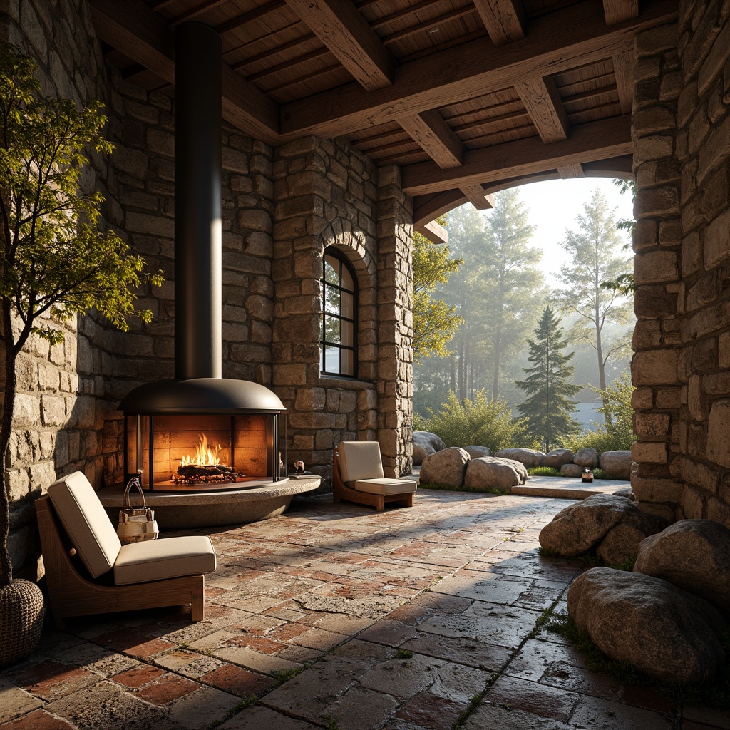 Prompt: Rustic mountain lodge, natural stone walls, earthy tones, wooden accents, rugged textures, distressed wood beams, cozy fireplace, warm candlelight, organic shapes, irregular stone patterns, weathered copper roofing, aged brick pathways, moss-covered boulders, serene forest surroundings, misty morning atmosphere, soft golden lighting, shallow depth of field, 1/1 composition, realistic rock formations, ambient occlusion.