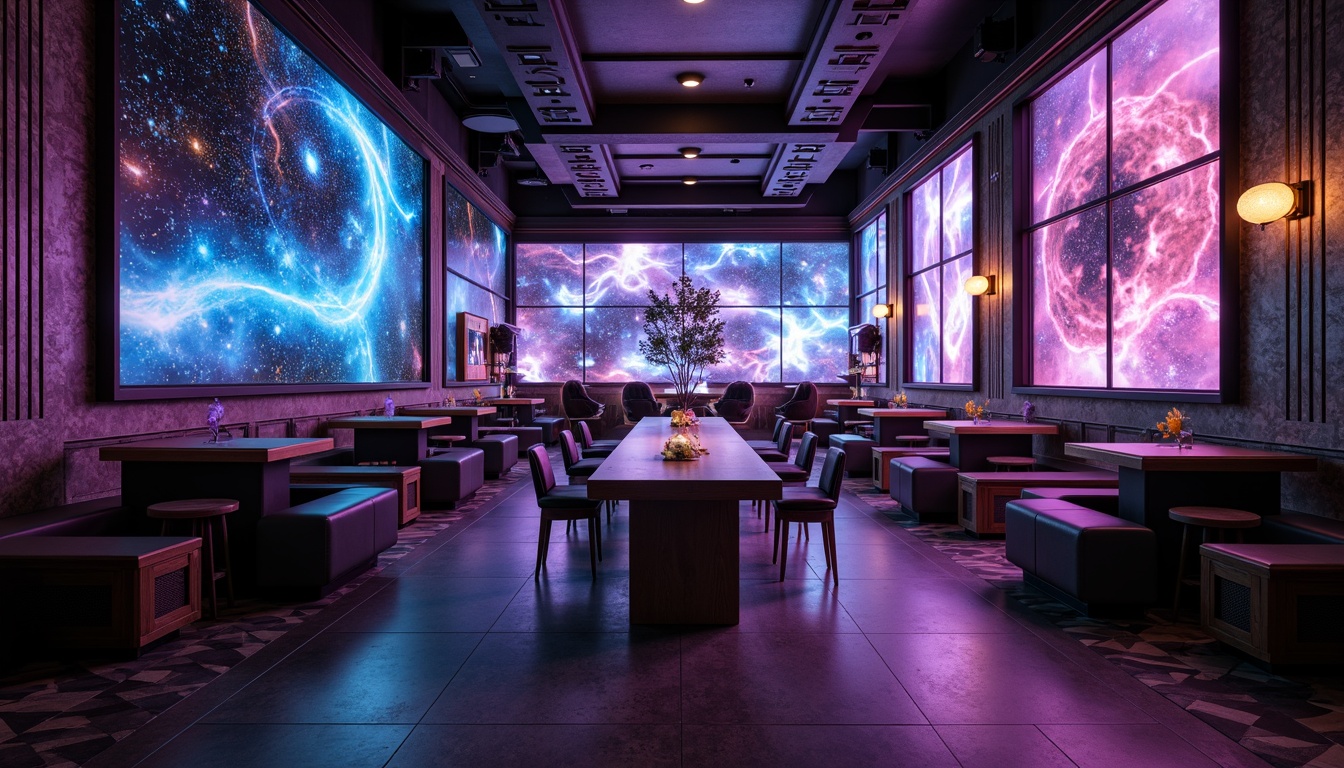 Prompt: Galactic bar interior, nebula-inspired color scheme, iridescent lights, holographic projections, futuristic metallic accents, angular lines, geometric patterns, space-age typography, cosmic-themed cocktails, planetary-shaped seating areas, orbiting DJ booths, stardust-textured walls, dark mysterious ambiance, moody lighting, shallow depth of field, 1/1 composition, symmetrical framing, cinematic atmosphere.