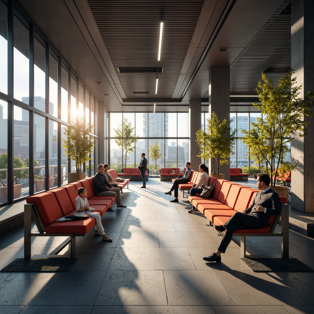 Prompt: Modern commuter hub, sleek steel benches, ergonomic seating design, vibrant colorful upholstery, modular furniture arrangements, ample legroom, built-in USB charging ports, Wi-Fi enabled waiting areas, natural stone flooring, urban cityscape views, morning rush hour atmosphere, soft warm lighting, shallow depth of field, 1/2 composition, realistic textures, ambient occlusion.