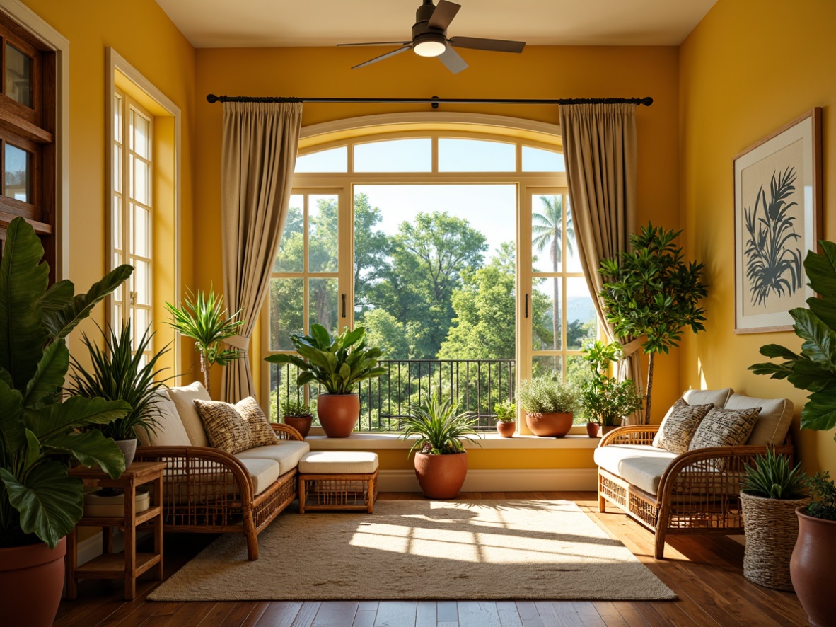 Prompt: Vibrant sunroom, warm natural light, bright yellow walls, lush greenery, exotic plants, wooden accents, rattan furniture, woven textiles, earthy terracotta pots, soft beige curtains, warm wood flooring, calming ambiance, airy atmosphere, nature-inspired decor, botanical prints, organic shapes, gentle color transitions, harmonious contrast, 3/4 composition, shallow depth of field, realistic textures, ambient occlusion.