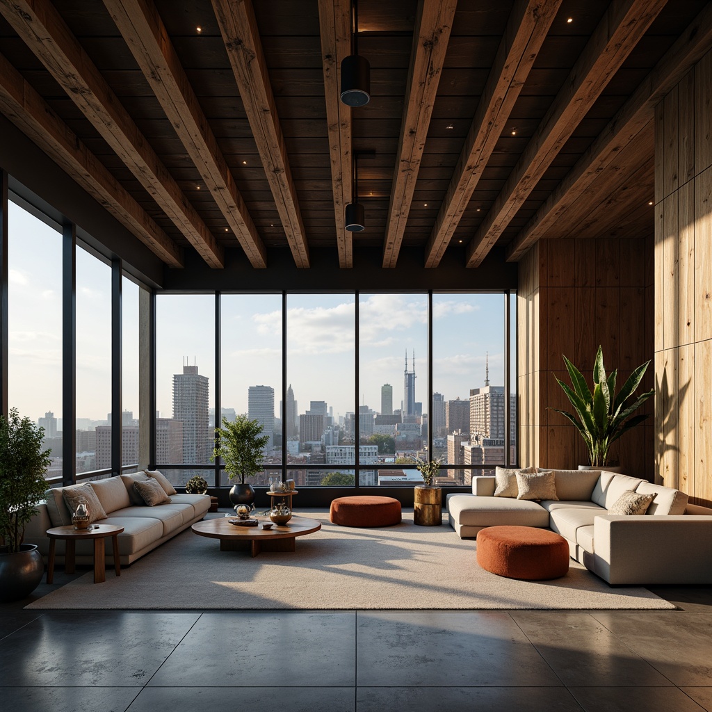 Prompt: Luxurious penthouse interior, exposed wooden beams, high ceilings, modern industrial design, sleek metal accents, polished concrete floors, floor-to-ceiling windows, stunning cityscape views, sophisticated urban living, minimalist chic decor, low-profile furniture, atmospheric pendant lighting, soft warm glow, shallow depth of field, 1/1 composition, realistic textures, ambient occlusion.