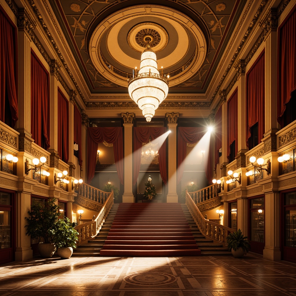 Prompt: Grand opera house, ornate chandeliers, crystal sconces, warm golden lighting, soft velvet curtains, majestic staircase, intricate moldings, ornamental columns, marble floors, frescoed ceilings, classical statues, luxurious fabrics, richly patterned carpets, grandiose balconies, dramatic spotlights, subtle ambient illumination, 1/1 composition, symmetrical framing, elegant reflections, realistic textures, cinematic atmosphere.