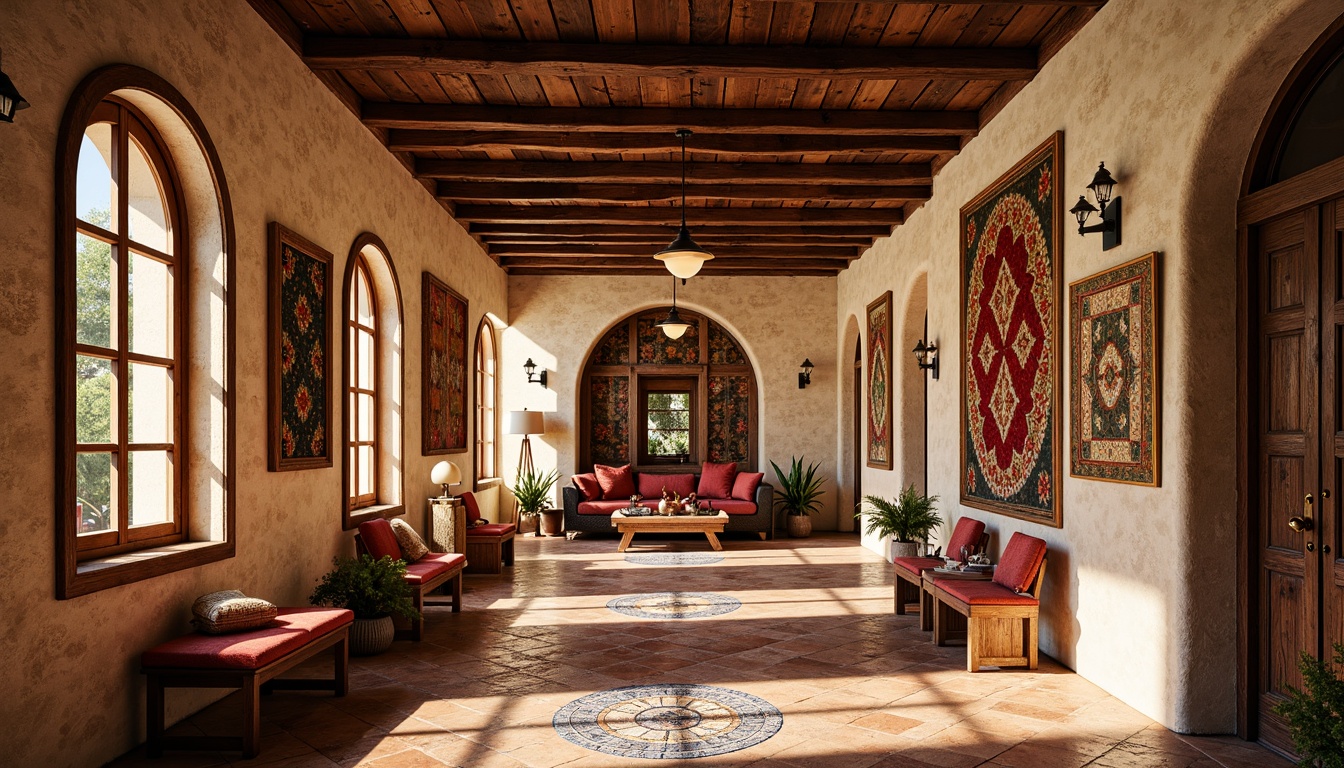 Prompt: Vibrant cultural center, earthy vernacular style, rustic stone walls, wooden accents, rich textiles, intricate patterns, colorful tile work, ornate metal details, grand archways, high ceilings, warm ambient lighting, soft natural shadows, 1/2 composition, shallow depth of field, realistic materials, ambient occlusion, dynamic reflections.