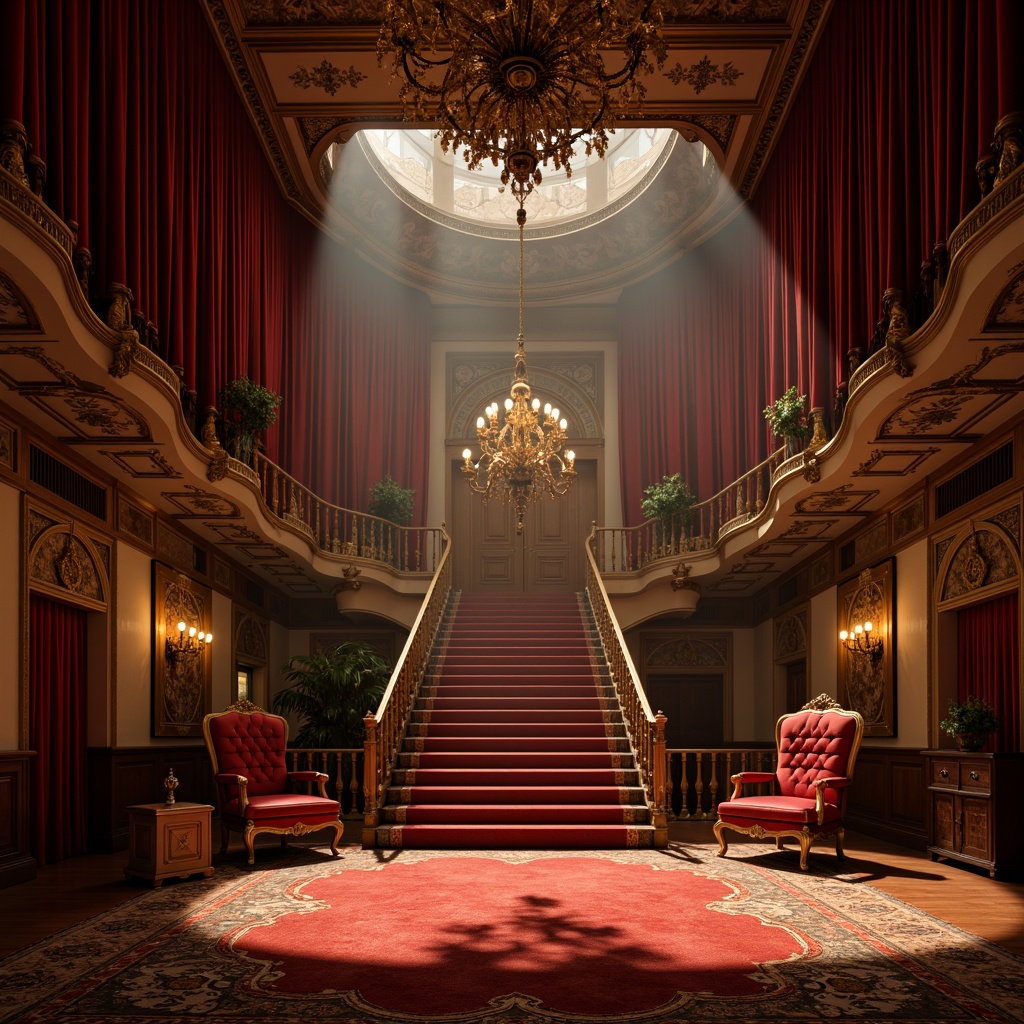 Prompt: Whimsical stage, ornate velvet curtains, gilded frames, dramatic spotlights, lavish chandeliers, opulent red carpet, grand staircase, regal thrones, Baroque-inspired architecture, intricate molding, golden accents, majestic columns, sweeping arches, mysterious shadows, warm amber lighting, 3/4 composition, symmetrical arrangement, realistic textures, ambient occlusion.