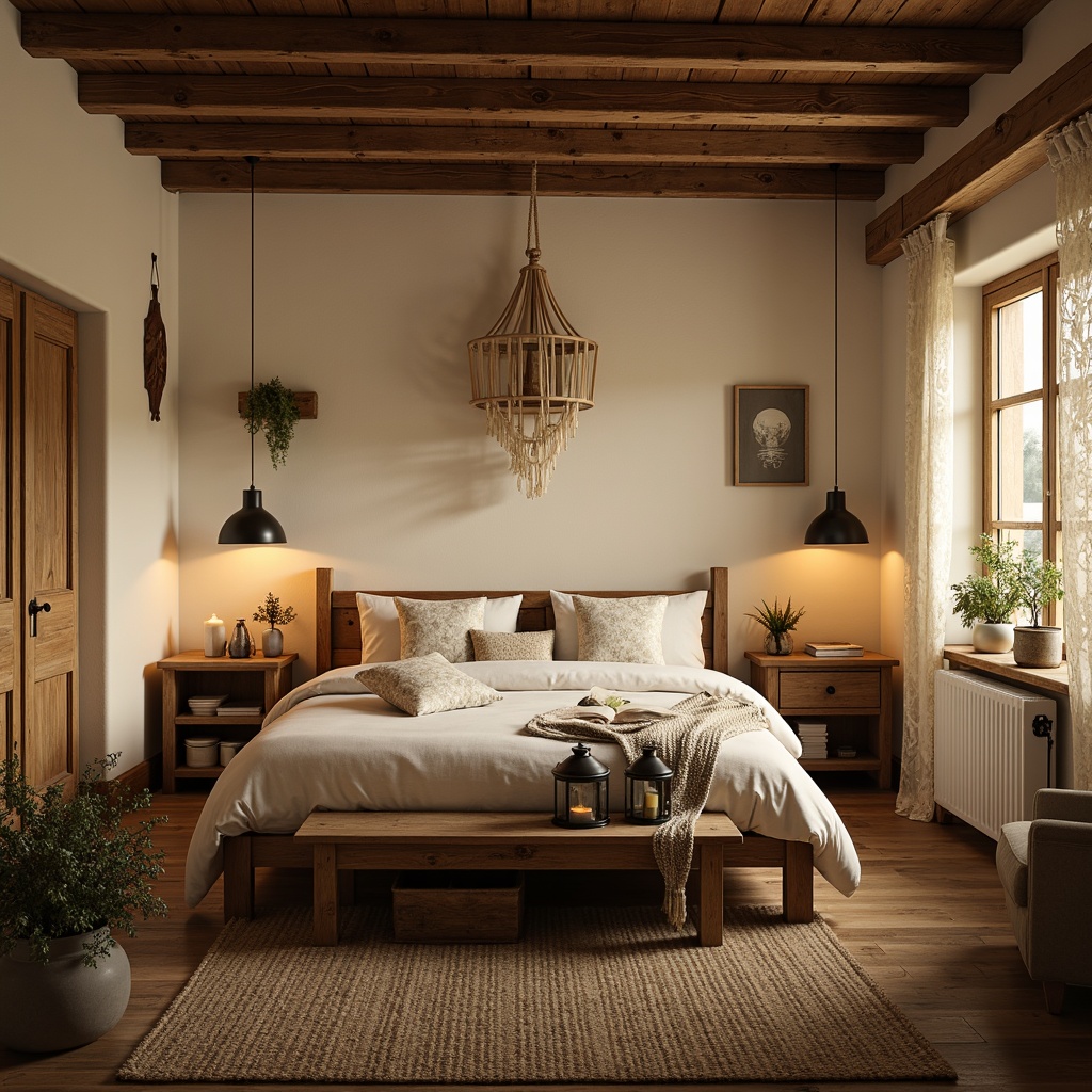 Prompt: Rustic farmhouse bedroom, warm candlelight, soft cream walls, distressed wood furniture, vintage metal lanterns, cozy reading nook, plush area rug, natural woven textiles, earthy color palette, wooden beam ceiling, country-style decor, warm beige curtains, delicate lace trim, morning sunlight, gentle warm glow, shallow depth of field, 1/1 composition, realistic textures, ambient occlusion.