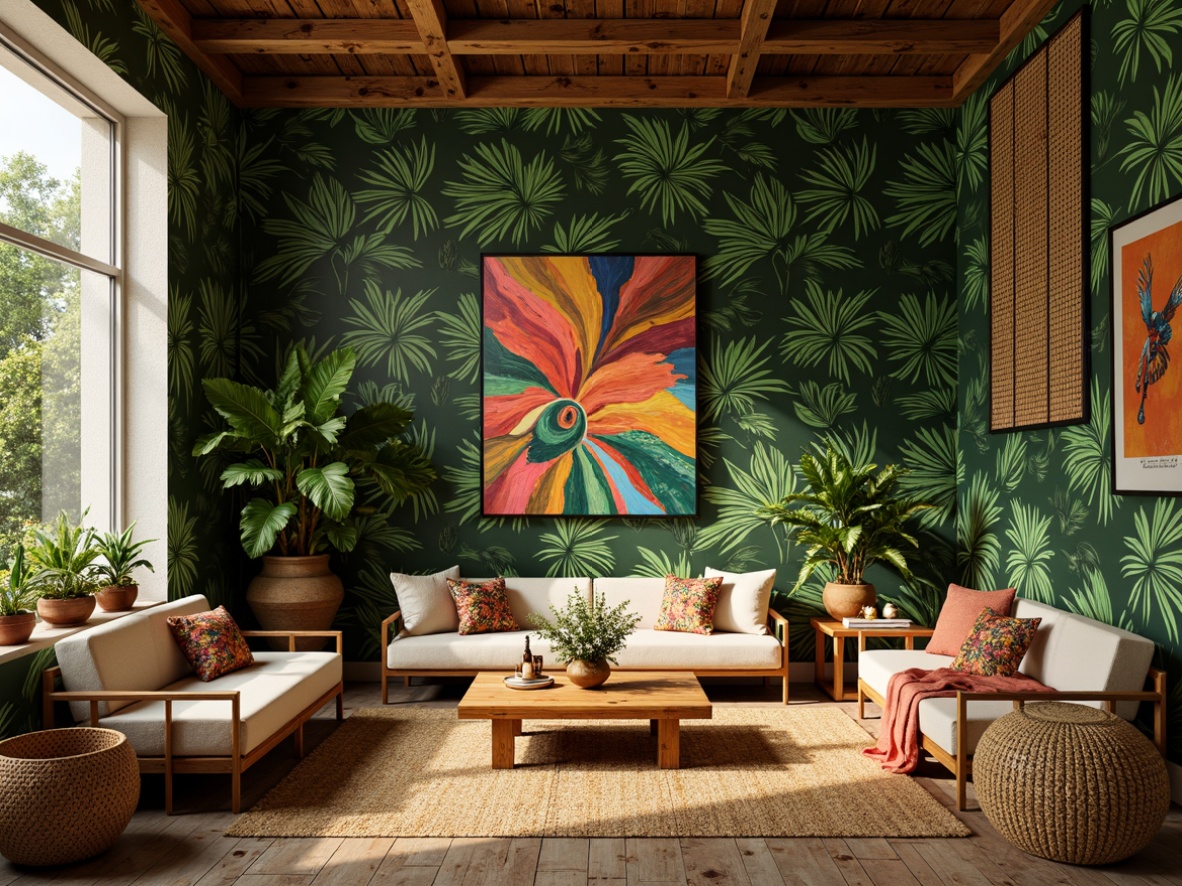 Prompt: Vibrant tropical interior, lush greenery walls, exotic wood accents, rattan furniture, wicker patterns, natural fiber textiles, jute rugs, woven bamboo decor, reclaimed wood floors, distressed finishes, earthy color palette, warm golden lighting, soft shadows, organic shapes, eclectic global-inspired accessories, bold colorful artwork, abstract tribal motifs.