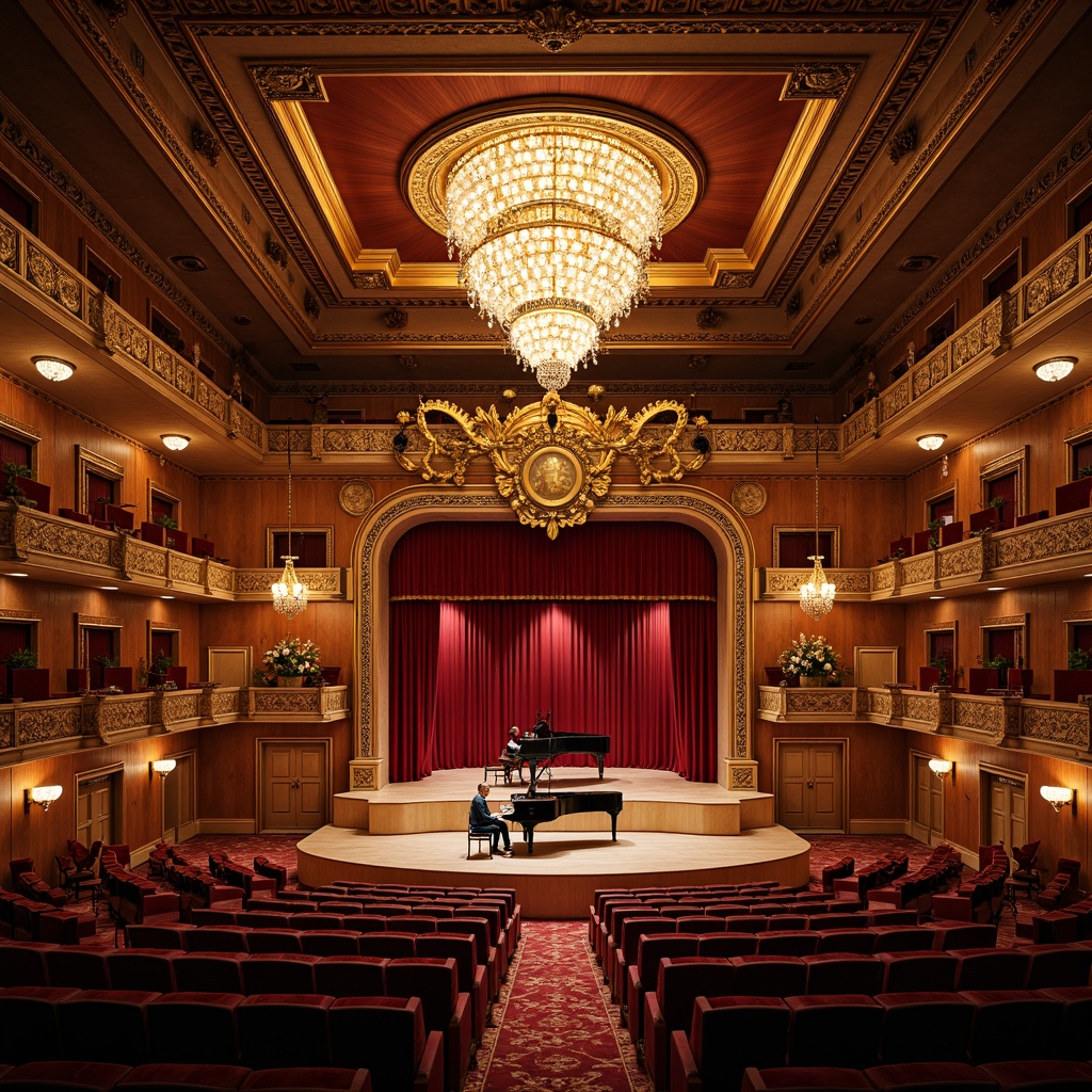 Prompt: Richly ornamented concert hall, ornate chandeliers, velvet curtains, wooden paneling, acoustic diffusers, sound-absorbing materials, reverberation-enhancing surfaces, tiered seating, grand pianos, intricate carvings, luxurious textiles, warm golden lighting, soft shadows, high ceilings, excellent sound clarity, precise sound reflection, 1/2 composition, realistic textures, ambient occlusion.