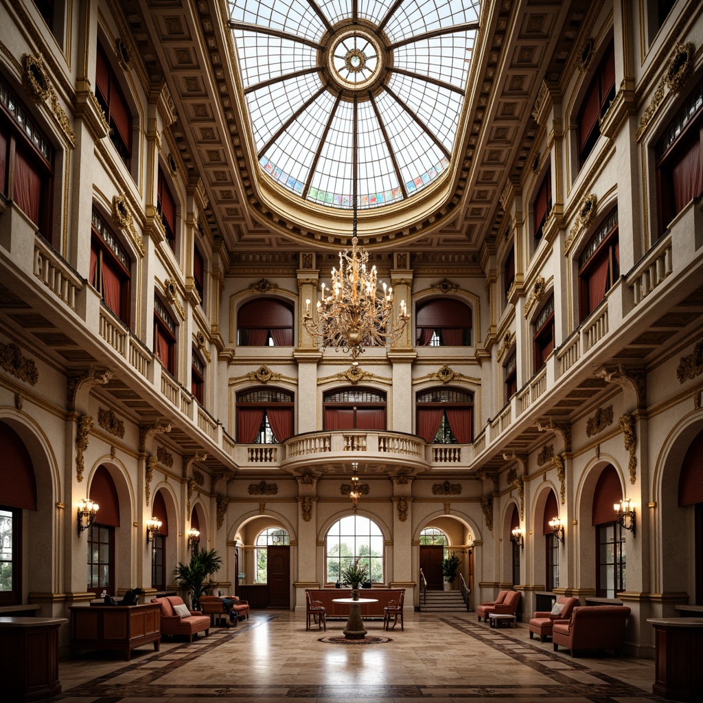 Prompt: Ornate courthouse, Renaissance Revival style, grand high ceiling, intricate plasterwork, ornamental moldings, decorative cornices, gilded details, crystal chandeliers, stained glass skylights, marble columns, arches and domes, rich wood paneling, luxurious fabrics, subtle warm lighting, shallow depth of field, 1/1 composition, realistic textures, ambient occlusion.