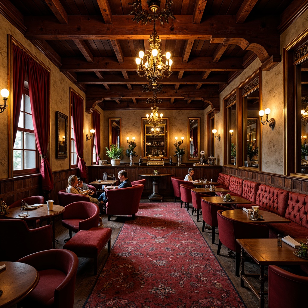 Prompt: Luxurious pub interior, rich velvet fabrics, ornate wooden accents, gilded frames, intricate carvings, warm golden lighting, plush armchairs, tufted sofas, antique brass fixtures, distressed leather upholstery, rustic stone walls, dimly lit atmosphere, heavy drapery, ornamental mirrors, lavish chandeliers, vintage decorative accessories, rich jewel-toned colors, soft warm textures, 1/2 composition, shallow depth of field, realistic reflections.