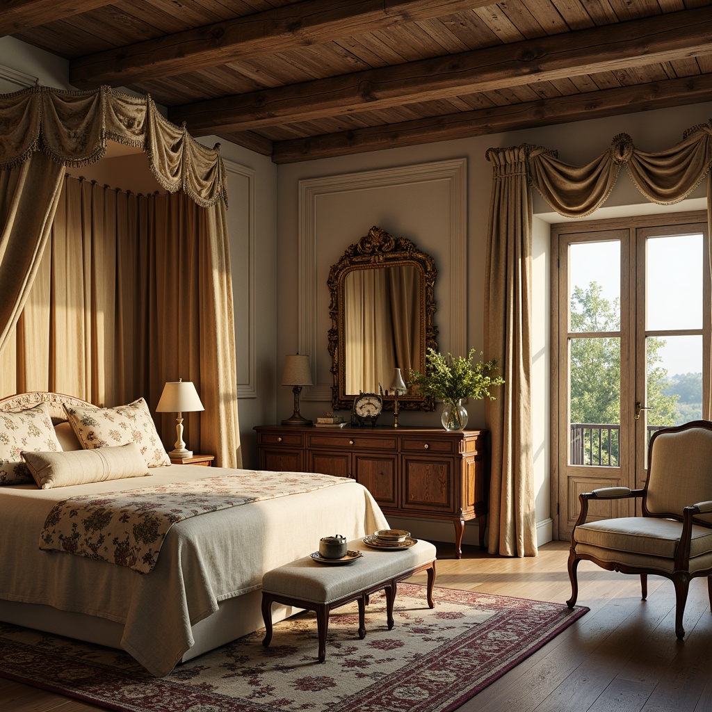 Prompt: Rustic countryside, vintage distressed wood, soft golden lighting, plush velvet fabrics, natural linen textiles, gentle florals, subtle stripes, elegant toile de Jouy patterns, rich tapestries, warm beige tones, antique furnishings, ornate mirrors, luxurious drapery, romantic canopy beds, classic French berg\u00e8re chairs, refined Louis XVI accents, whimsical countryside views, soft morning sunlight, shallow depth of field, 1/2 composition, realistic textures, ambient occlusion.