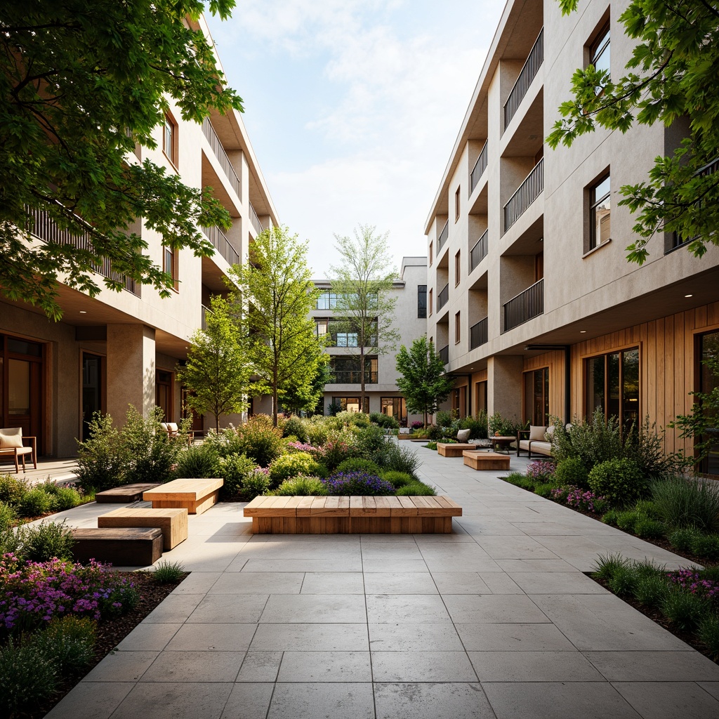 Prompt: Spacious open-air courtyard, lush greenery, vibrant flowers, comfortable seating areas, wooden benches, modern street furniture, warm natural stone flooring, sleek metal railings, minimalist landscape design, abundant natural light, soft warm ambiance, shallow depth of field, 3/4 composition, panoramic view, realistic textures, ambient occlusion.