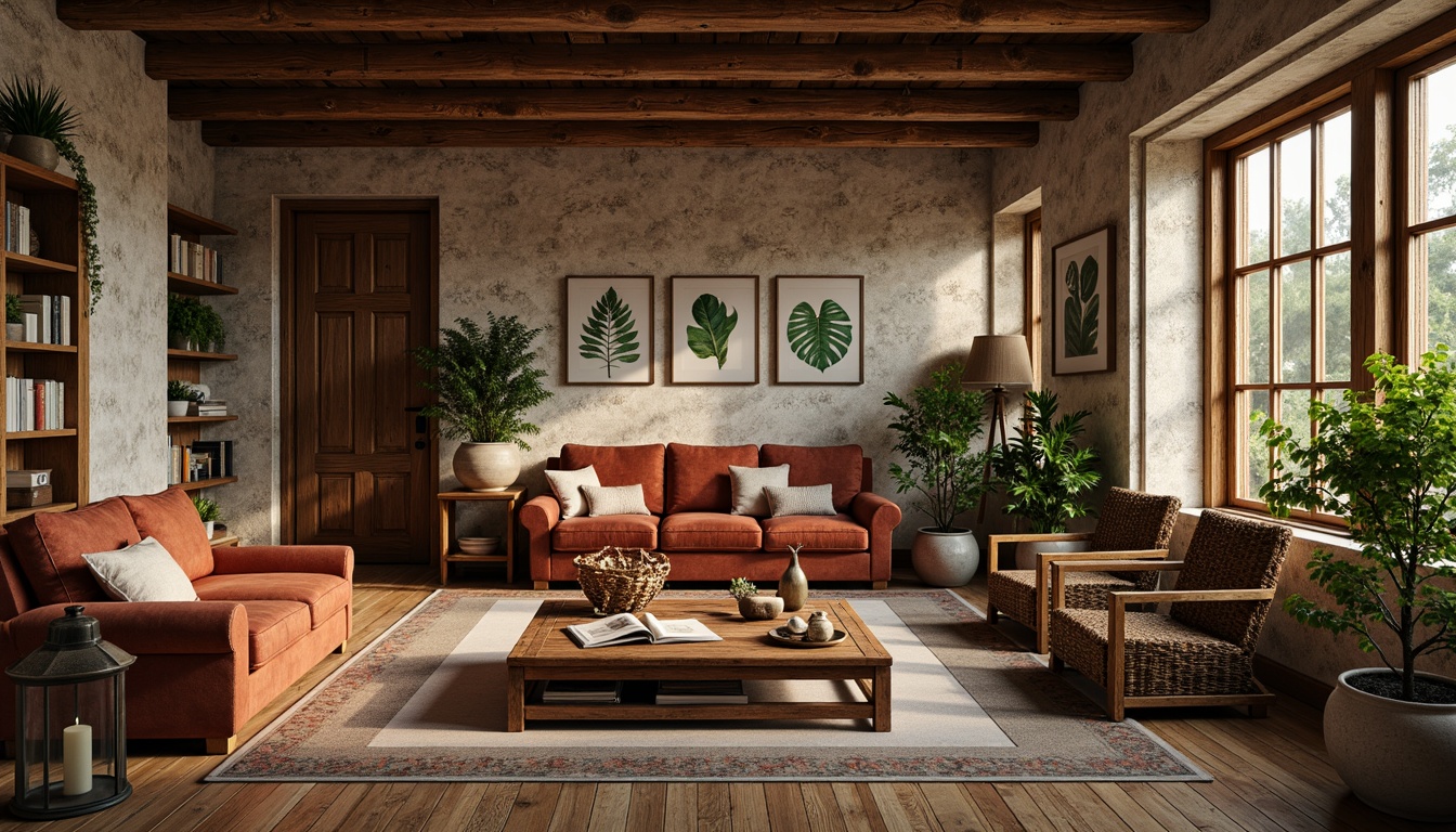 Prompt: Rustic institute farmhouse, textured stone walls, reclaimed wooden beams, earthy color palette, natural light pouring in, cozy reading nooks, plush velvet sofas, vintage metal lanterns, distressed wooden floors, woven wicker furniture, botanical prints, soft warm lighting, shallow depth of field, 1/1 composition, intimate atmosphere, realistic textures, ambient occlusion.