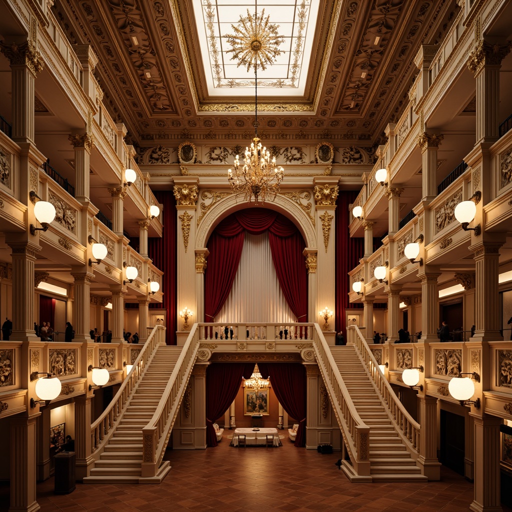 Prompt: Grand opera house, neoclassical architecture, ornate columns, carved marble details, gilded ornamentation, majestic staircases, velvet red curtains, crystal chandeliers, intricate moldings, ornamental pediments, grandiose archways, symmetrical composition, soft warm lighting, shallow depth of field, 1/2 composition, panoramic view, realistic textures, ambient occlusion.