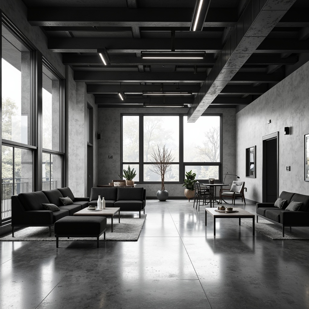 Prompt: Monochromatic interior, sleek lines, minimal ornamentation, polished concrete floors, industrial metal beams, floor-to-ceiling windows, natural light, neutral color palette, geometric shapes, low-profile furniture, velvet textiles, ambient lighting, subtle shadows, 1/1 composition, shallow depth of field, realistic reflections.