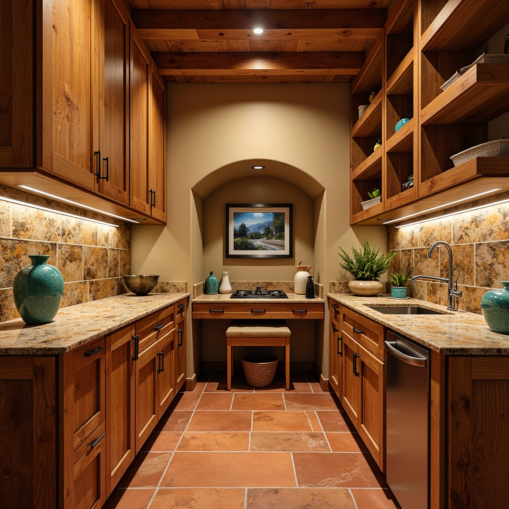 Prompt: Warm southwestern pantry, rich wood cabinetry, earthy tone countertops, terracotta flooring, rustic metal hardware, vibrant turquoise accents, natural stone backsplashes, warm beige walls, ambient lighting, shallow depth of field, 3/4 composition, realistic textures, ambient occlusion.