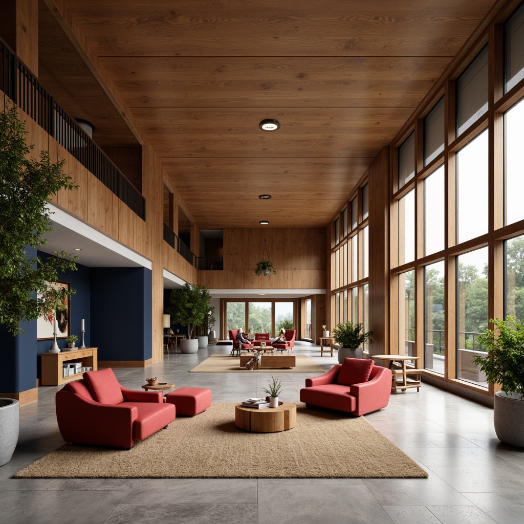 Prompt: Sophisticated academic interior, rich wood tones, warm beige walls, navy blue accents, bold red furniture, earthy brown rugs, natural stone flooring, minimalist decor, sleek metal fixtures, large windows, abundant natural light, soft diffused lighting, shallow depth of field, 3/4 composition, realistic textures, ambient occlusion.