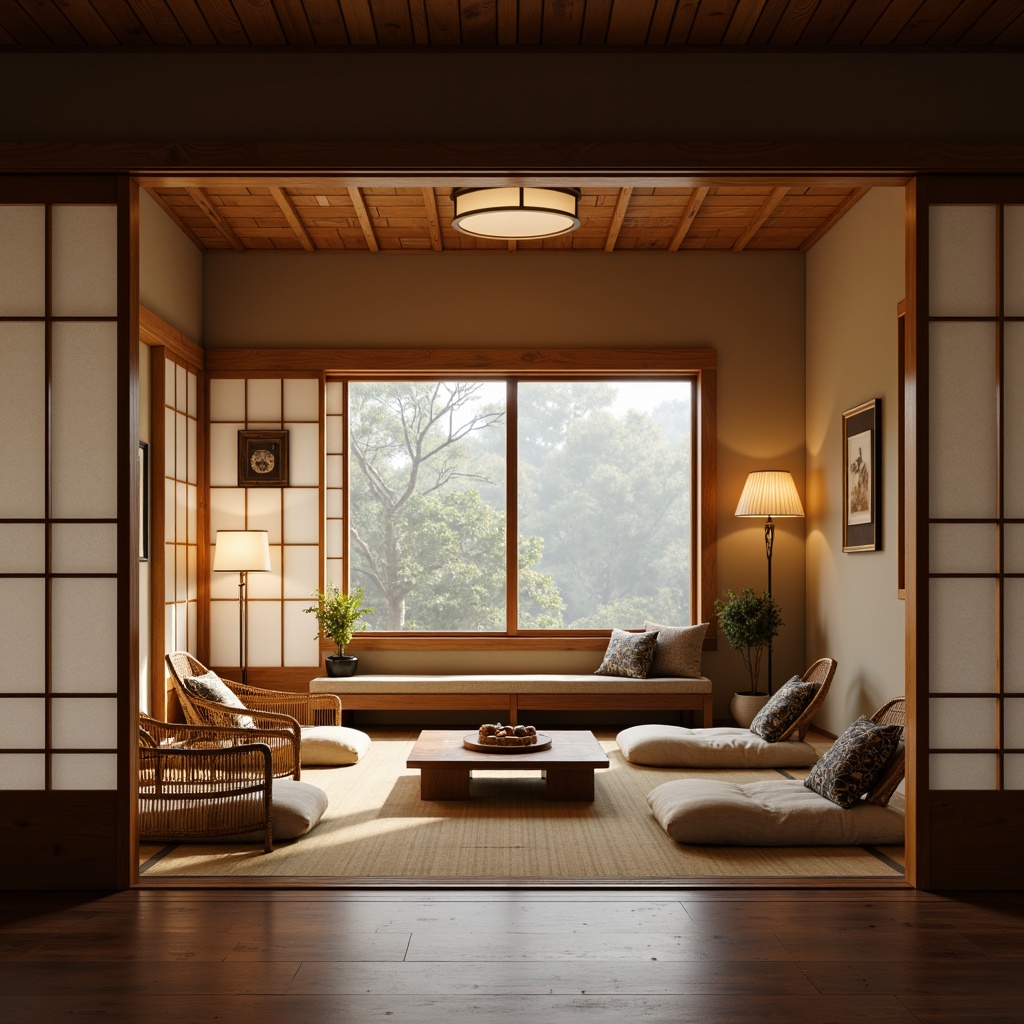 Prompt: Traditional Japanese tatami rooms, sliding shoji doors, natural wood accents, woven bamboo chairs, plush throw pillows, warm paper lanterns, subtle textile patterns, soft diffused lighting, cozy intimate atmosphere, 1/1 composition, shallow depth of field, realistic wooden textures, ambient occlusion, harmonious color palette.