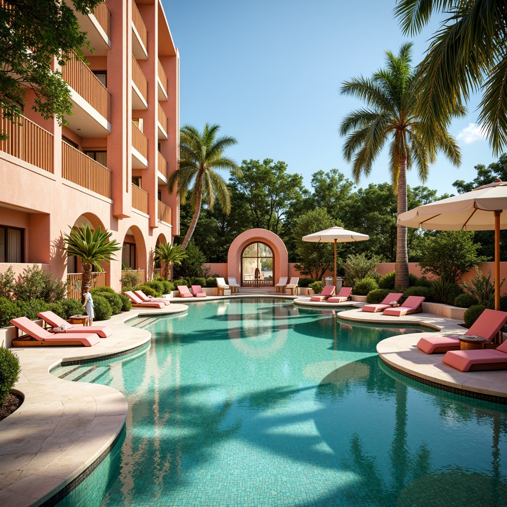 Prompt: Luxurious art deco pool, turquoise water, ornate tile mosaics, golden accents, sleek chrome railings, lavish cabanas, plush lounge chairs, vibrant coral pinks, rich emerald greens, creamy whites, sunny day, warm soft lighting, shallow depth of field, 3/4 composition, symmetrical architecture, ornate fountains, lush tropical plants, exotic palm trees.