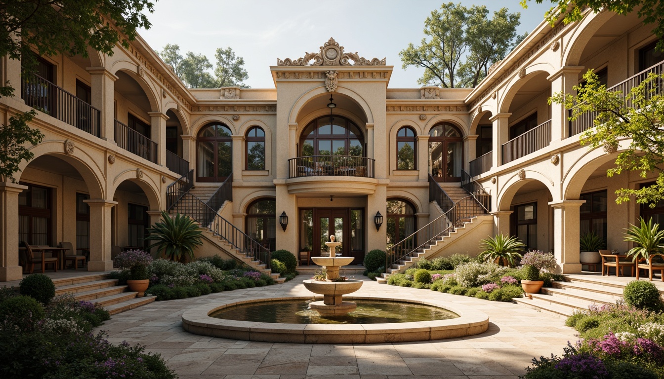 Prompt: Elegant amphitheater, Renaissance-style architecture, ornate stone carvings, intricate column details, curved staircases, grandiose arches, lavish fountains, lush greenery, blooming flowers, natural acoustic resonance, optimal sound reflection, precise speaker placement, warm golden lighting, shallow depth of field, 3/4 composition, panoramic view, realistic textures, ambient occlusion.