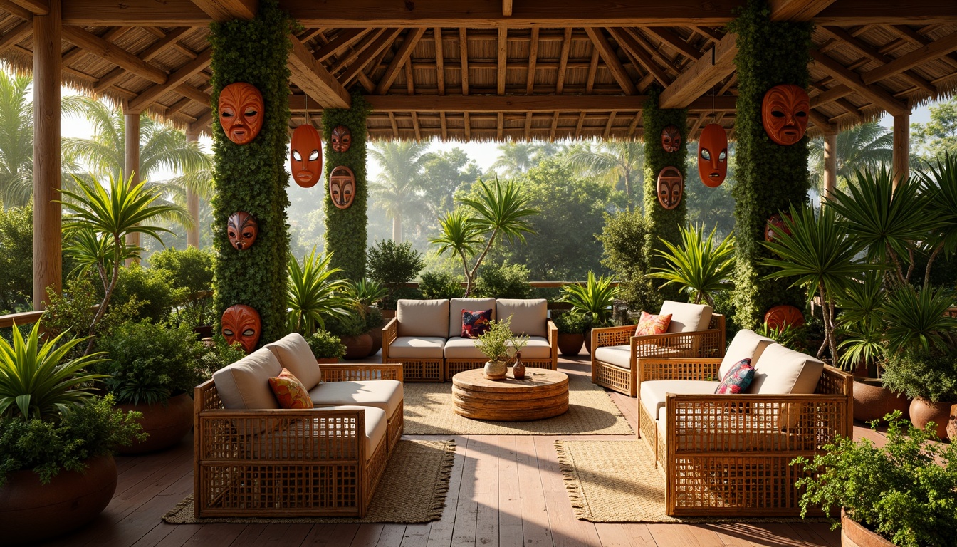 Prompt: Vibrant tropical interior, exotic wood accents, woven rattan furniture, lush greenery walls, natural fibers, jute rugs, palm frond patterns, colorful tiki masks, bold floral arrangements, warm golden lighting, shallow depth of field, 1/2 composition, soft focus effect, realistic textures, ambient occlusion, wicker peacock chairs, bamboo flooring, earthy terracotta pots, fragrant botanicals, misty atmosphere.