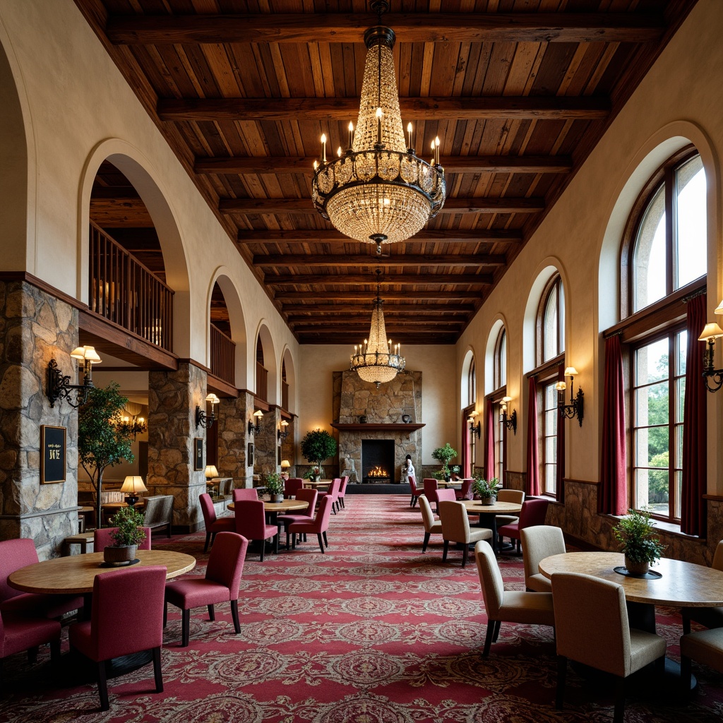 Prompt: Rustic French country casino interior, distressed wood accents, ornate ironwork chandeliers, lavish furnishings, velvet drapes, grand crystal chandeliers, opulent carpets, elegant archways, natural stone fireplaces, rustic wooden beams, soft warm lighting, shallow depth of field, 3/4 composition, panoramic view, realistic textures, ambient occlusion, spacious open floor plan, airy high ceilings, flowing curtains, antique furniture pieces, vintage decorative items, rich jewel-toned color palette.