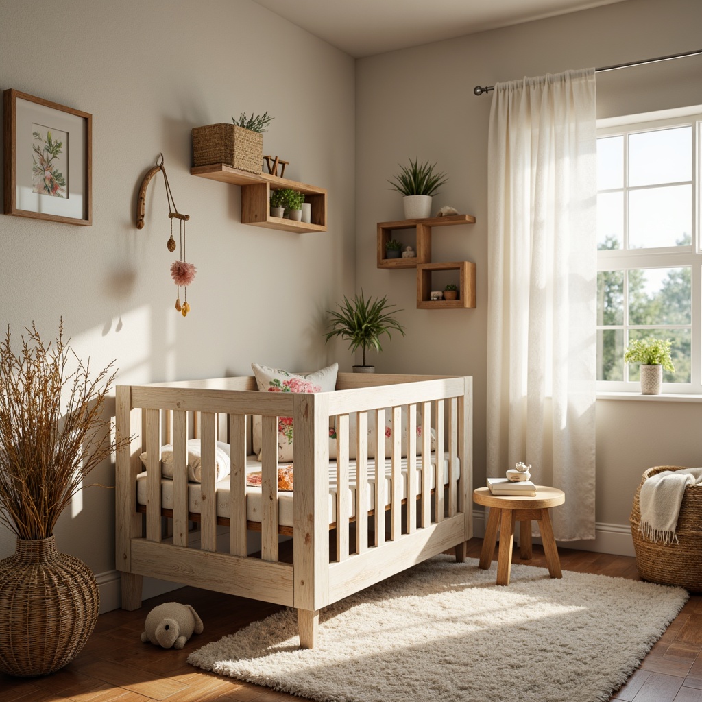 Prompt: Whimsical nursery, vintage wooden crib, distressed finishes, soft pastel colors, floral patterns, delicate lace curtains, plush area rug, rustic wooden shelves, woven basket storage, nature-inspired mobiles, gentle warm lighting, shallow depth of field, 1/1 composition, intimate close-up shots, realistic textures, ambient occlusion.