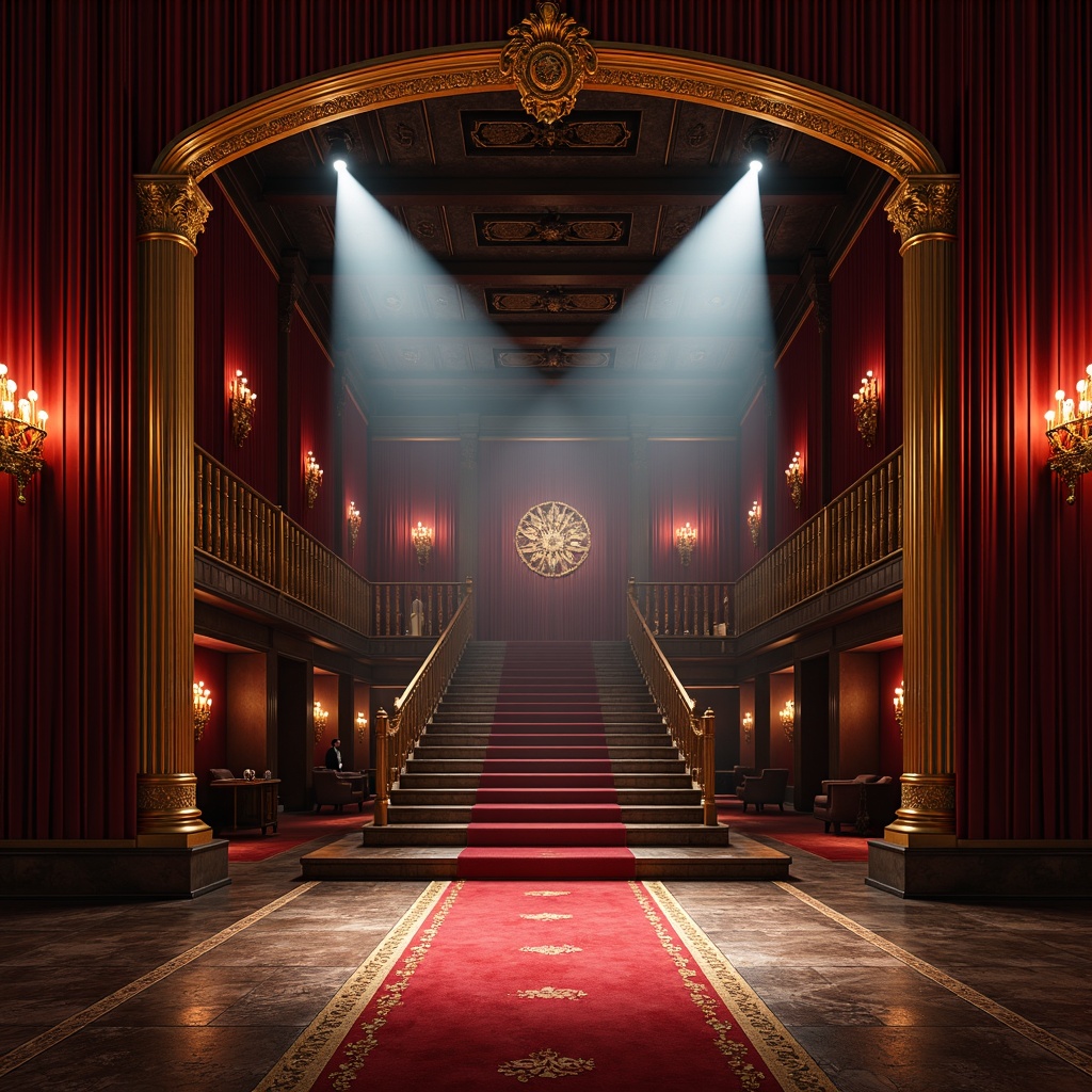 Prompt: \Dramatic stage lights, velvet curtains, ornate golden frames, luxurious red carpet, grand staircase, majestic columns, opulent chandeliers, lavish furnishings, intricate patterns, rich textures, regal atmosphere, spotlights, dramatic shadows, low-key lighting, 1/1 composition, cinematic view, realistic reflections, ambient occlusion.\