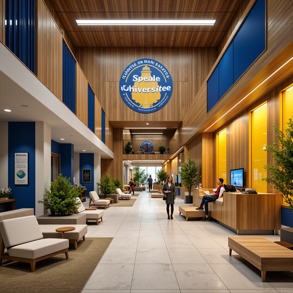 Prompt: Vibrant academic atmosphere, bold university branding, rich wood tones, warm beige walls, deep blue accents, energetic yellow highlights, modern minimalist furniture, sleek metal fixtures, abundant natural light, softbox lighting, shallow depth of field, 3/4 composition, realistic textures, ambient occlusion.