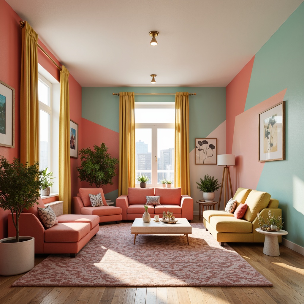 Prompt: Vibrant modern interior, trendy furniture, bold accent walls, pastel color schemes, soft gradient effects, natural material textures, wooden floorboards, creamy white ceilings, geometric patterned rugs, cozy ambient lighting, 3/4 composition, realistic renderings, atmospheric depth of field.