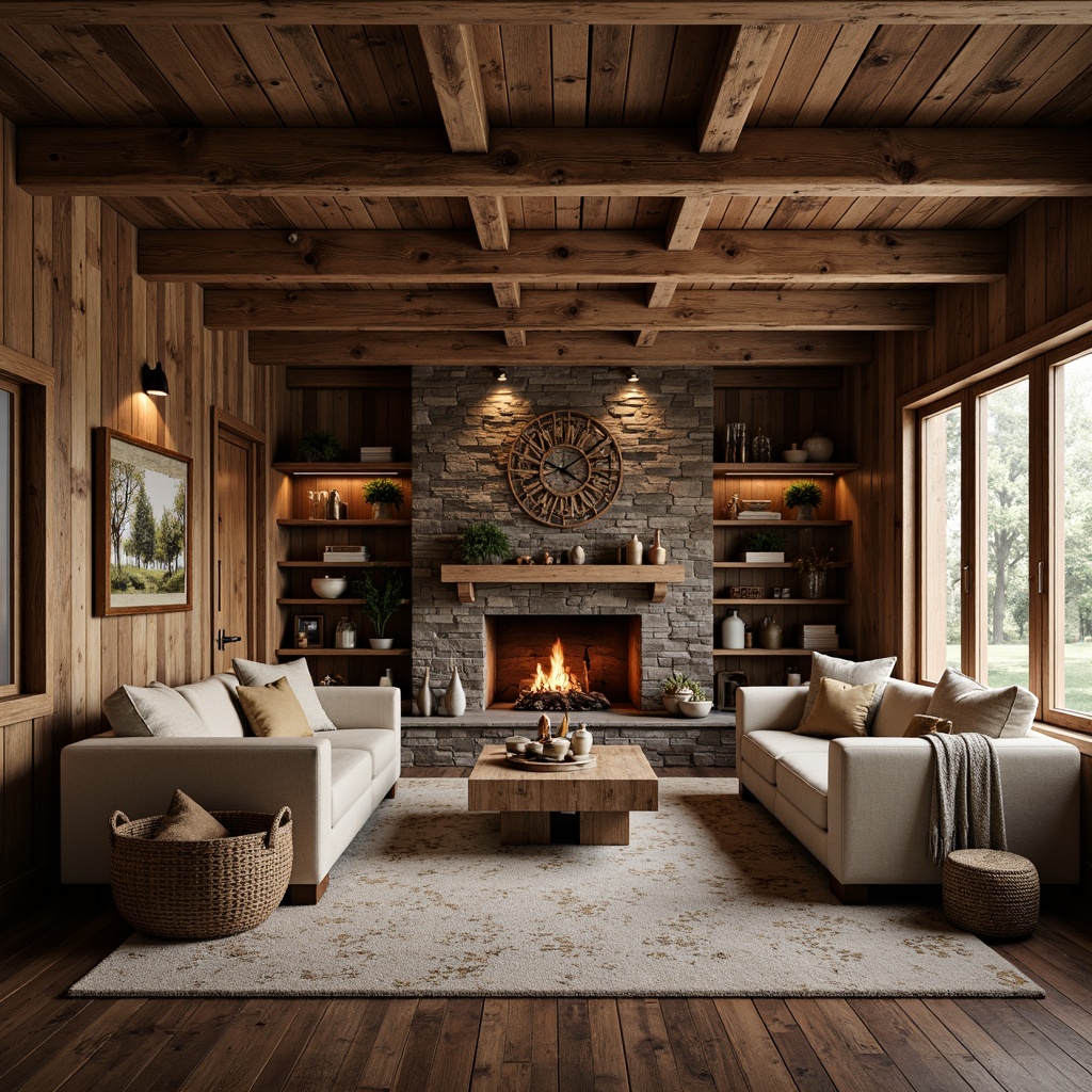 Prompt: Rustic cabin, wooden beams, stone fireplace, earthy tones, natural textures, reclaimed wood accents, vintage metal decor, distressed finishes, warm ambient lighting, cozy atmosphere, plush furnishings, woven baskets, nature-inspired artwork, wooden floorboards, earthy scent, soft focus, 1/1 composition, realistic renderings, subtle grain texture.