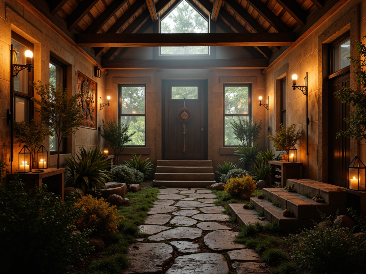 Prompt: Rustic memorial center, warm candlelight, soft lanterns, dimmed chandeliers, natural stone walls, wooden accents, distressed finishes, vintage metalwork, earthy tones, moss-covered stones, overgrown gardens, misty atmosphere, subtle backlighting, high contrast, dramatic shadows, 1/1 composition, symmetrical framing, realistic textures, ambient occlusion.