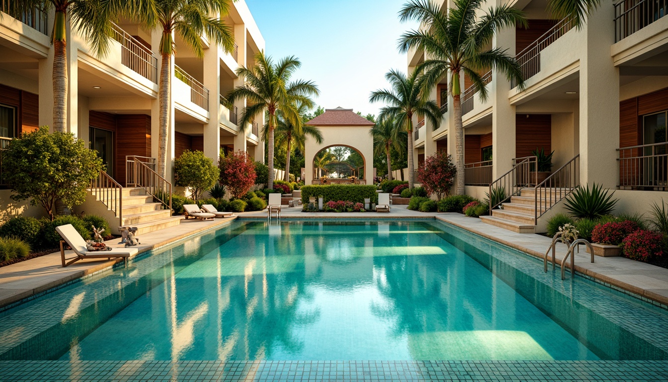 Prompt: Luxurious swimming pool, ornate metal railings, stepped pedestals, sunburst motifs, chevron patterns, zigzag borders, geometric mosaics, turquoise water, art deco typography, lavish landscaping, palm trees, exotic flowers, warm golden lighting, shallow depth of field, 1/2 composition, symmetrical reflection, realistic textures, ambient occlusion.