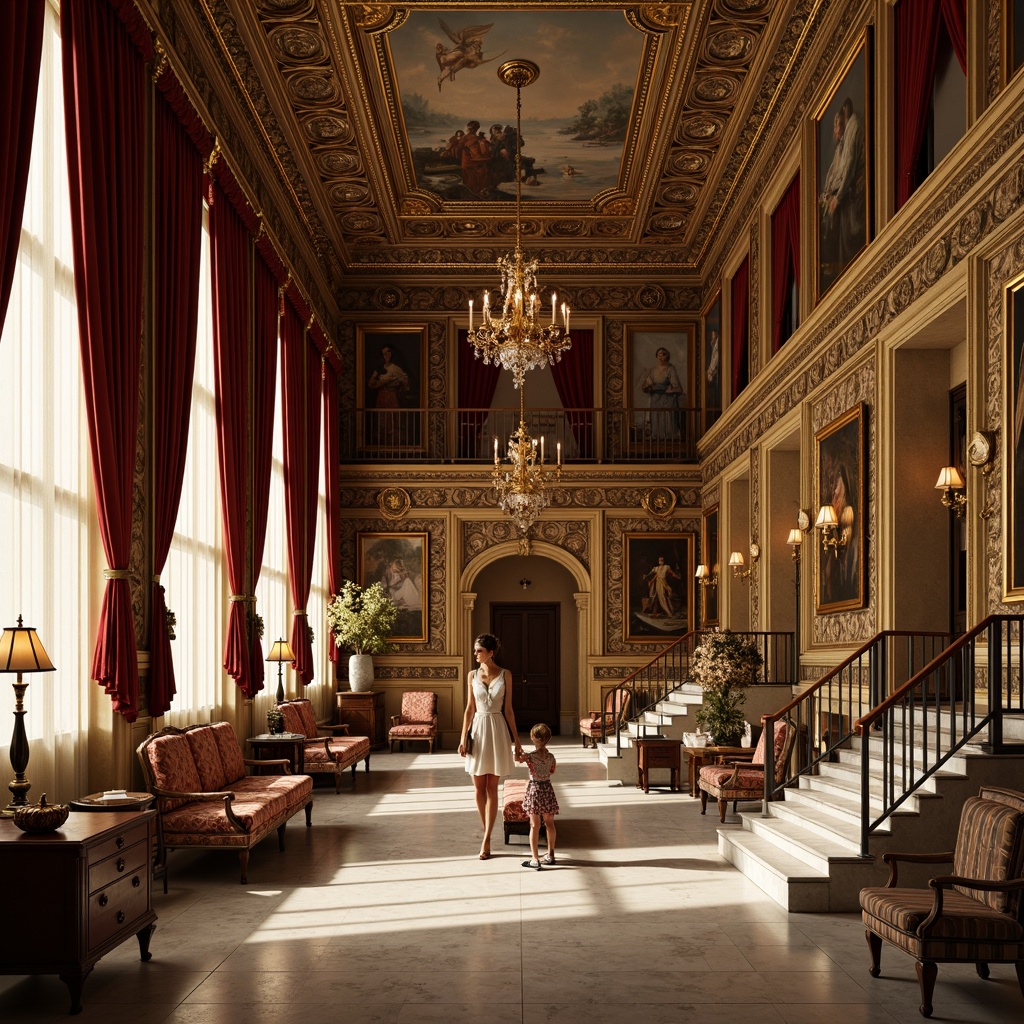 Prompt: Grand museum interior, ornate Renaissance details, lavish furnishings, intricately carved wooden panels, gilded frames, Baroque chandeliers, rich velvet drapes, marble floors, ornamental columns, frescoed ceilings, grand staircase, opulent textures, warm golden lighting, shallow depth of field, 1/1 composition, symmetrical arrangement, realistic reflections, ambient occlusion.