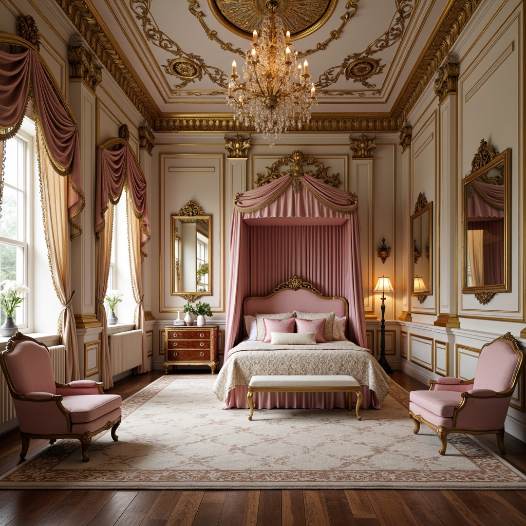 Prompt: Richly ornamented kids' bedroom, lavish golden frames, intricately carved wooden furniture, plush velvet upholstery, ornate mirrors, grandiose chandeliers, soft pastel colors, delicate lace curtains, luxurious fabrics, regal throne-like chairs, opulent canopy beds, exquisite marquetry patterns, gilded accents, elegant curves, stately pillars, warm soft lighting, shallow depth of field, 1/1 composition, highly detailed textures, ambient occlusion.