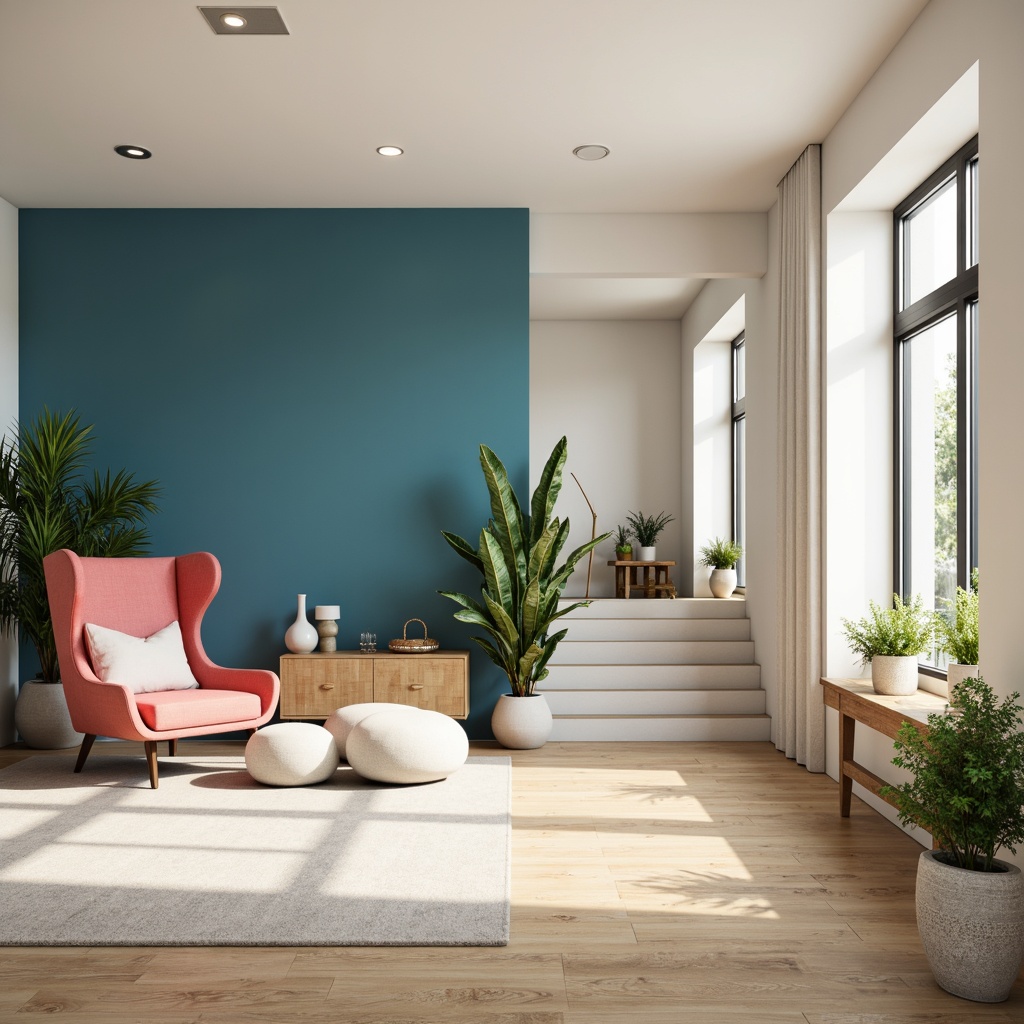 Prompt: Cerulean blue accent walls, soft creamy whites, warm beige flooring, natural wood textures, elegant gold fixtures, vibrant coral pink accents, lush greenery, airy open spaces, minimalist decor, modern sleek lines, abundant natural light, subtle gradient effects, 1/1 composition, realistic renderings, ambient occlusion.