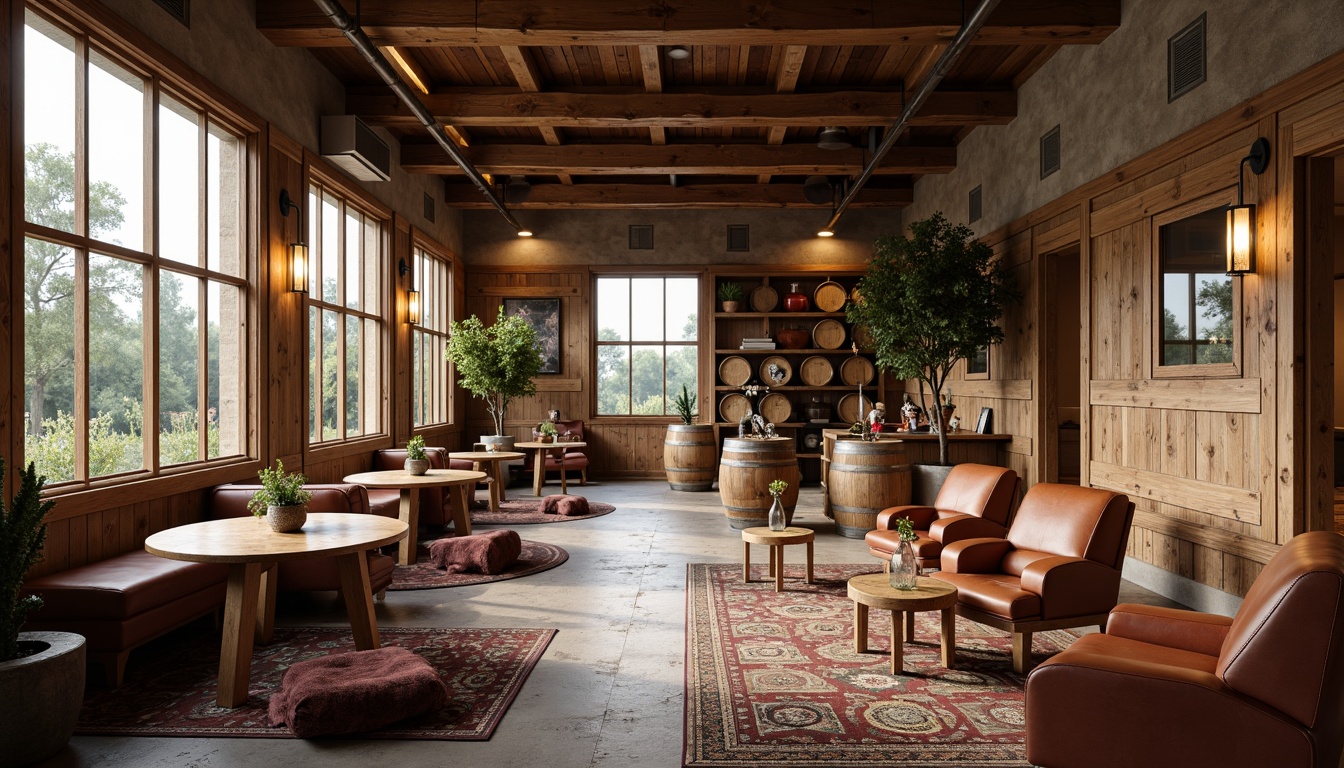 Prompt: Rustic winery interior, mid-century modern decor, wooden wine barrels, vintage oak tables, leather-upholstered armchairs, plush velvet sofas, geometric-patterned rugs, reclaimed wood accent walls, industrial metal lighting fixtures, earthy tone color palette, natural stone floors, large windows with vineyard views, warm cozy ambiance, soft warm lighting, shallow depth of field, 1/2 composition, realistic textures, ambient occlusion.