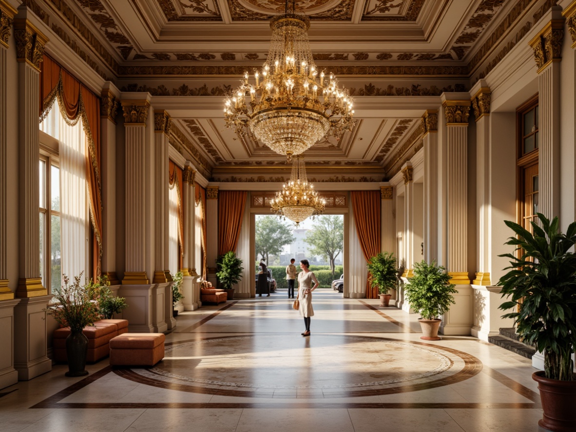 Prompt: Grandiose entrance halls, ornate moldings, symmetrical facades, ionic columns, intricately carved architraves, ornamental cornices, delicate frescoes, luxurious chandeliers, polished marble floors, stately staircases, velvet drapes, gilded accents, soft golden lighting, shallow depth of field, 2/3 composition, realistic textures, ambient occlusion.