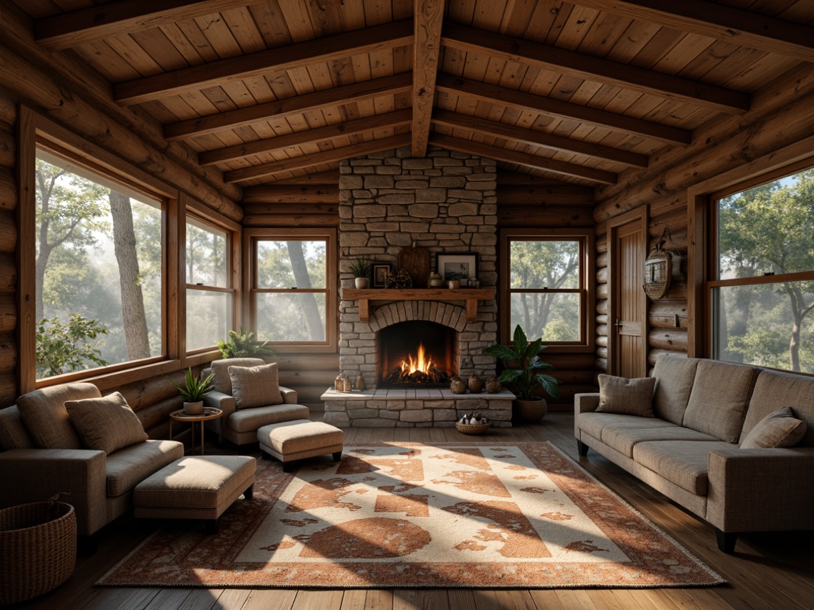 Prompt: Rustic cabin, wooden beams, natural textures, earthy tones, cozy atmosphere, warm lighting, stone fireplace, plush furnishings, woven baskets, vintage decorations, secluded forest setting, misty morning, soft sunlight, shallow depth of field, 1/1 composition, realistic wood grain, ambient occlusion.