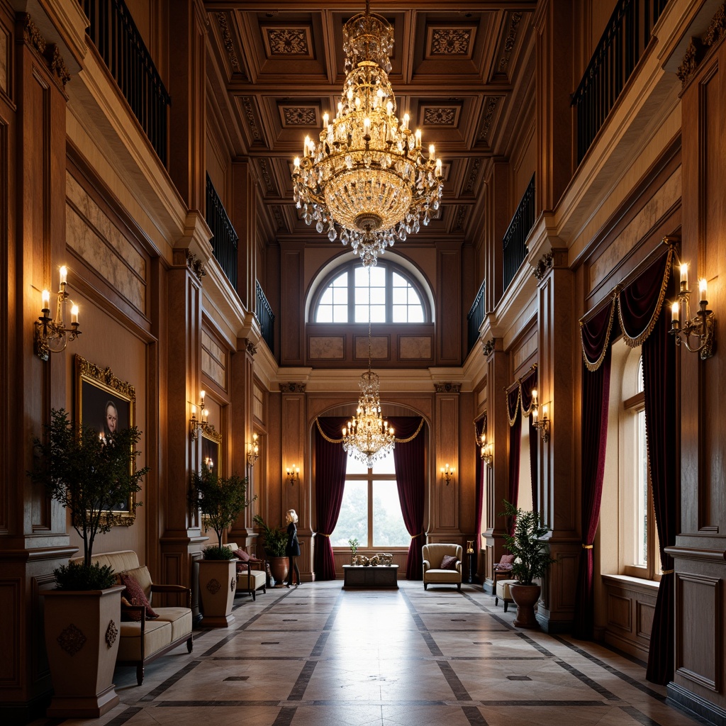 Prompt: Elegant chandeliers, ornate metalwork, crystal droplets, grand foyer, high ceilings, marble flooring, intricate moldings, rich wood tones, luxurious textiles, velvet drapes, gilded accents, subtle warm glow, soft diffused light, dramatic uplighting, symmetrical composition, classic proportions, 1/2 format ratio, Renaissance-inspired details, sophisticated color palette, ambient occlusion.