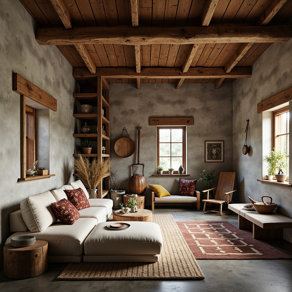 Prompt: Rustic farmhouse interior, exposed concrete walls, rough-hewn wooden beams, natural stone floors, distressed metal accents, vintage farm tools, earthy color palette, soft warm lighting, shallow depth of field, 1/1 composition, realistic textures, ambient occlusion, cozy plush furniture, woven textiles, geometric patterned rugs, organic shapes, brutalist architectural elements, industrial-chic decor, eclectic mix of antique and modern pieces.