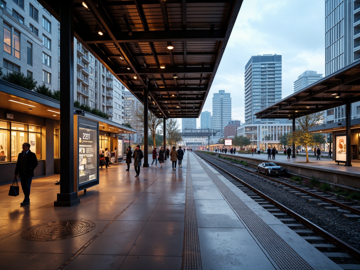 Prompt: Modern train station, industrial chic aesthetic, exposed steel beams, polished concrete floors, metallic accents, warm LED lighting, dynamic digital displays, sleek glass canopies, cantilevered roofs, urban landscape views, bustling city atmosphere, vibrant commuter activity, 3/4 composition, shallow depth of field, realistic textures, ambient occlusion.