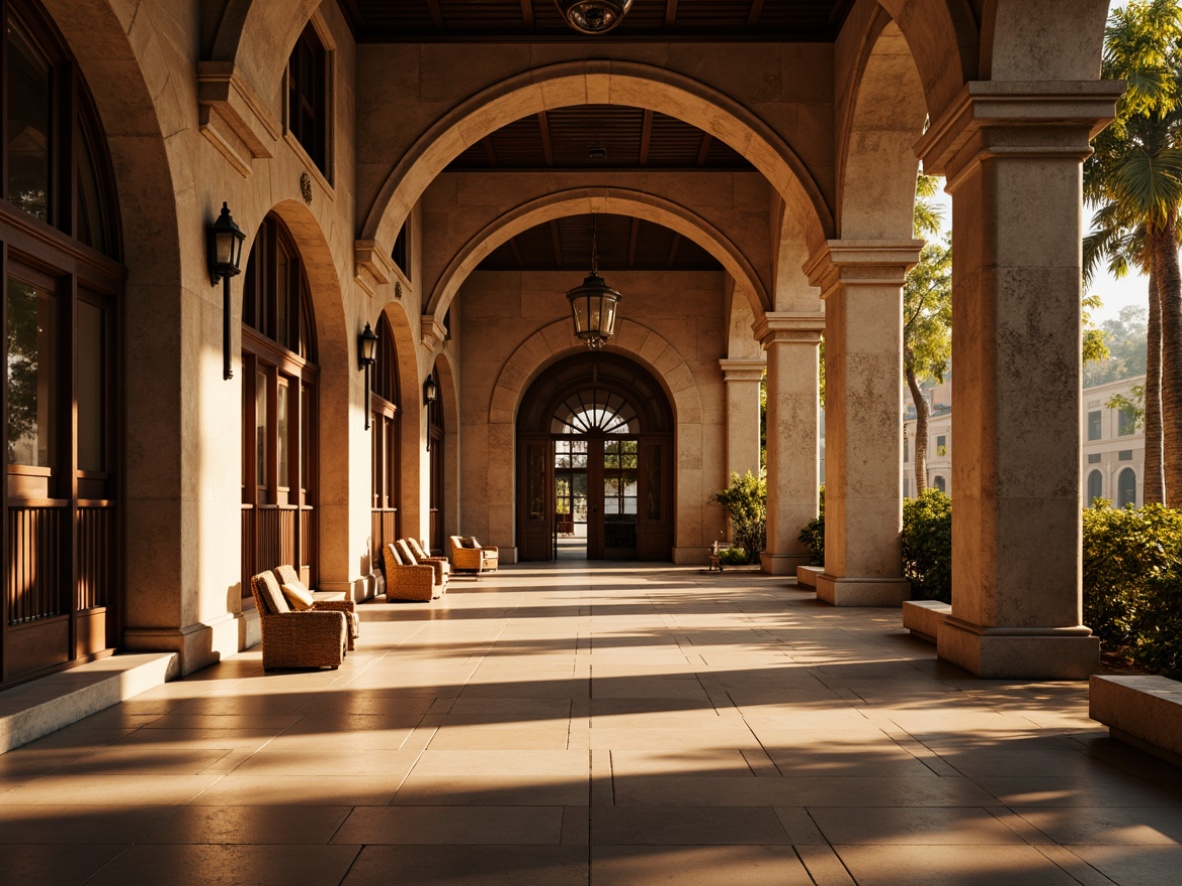 Prompt: Elegant archways, ornate stonework, grand entranceways, majestic columns, symmetrical facades, imposing structures, dramatic lighting, warm golden hues, rustic textures, Mediterranean Revival style, classic architectural details, decorative keystones, sweeping curves, harmonious proportions, serene ambiance, soft natural light, 1/1 composition, atmospheric perspective.