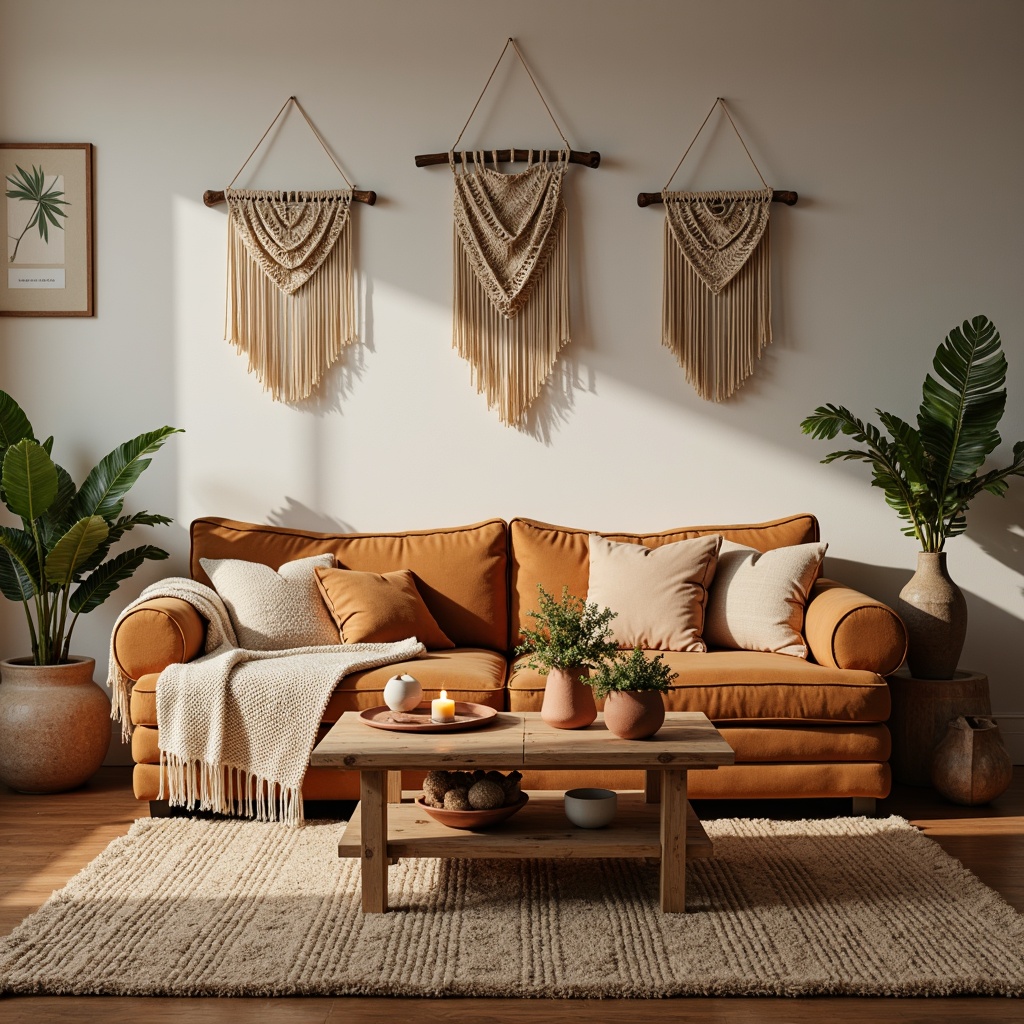 Prompt: Cozy living room, plush velvet sofa, warm beige rug, natural woven fibers, soft pastel colors, chunky knit throw blankets, macrame wall hangings, earthy terracotta pots, lush greenery, rustic wooden coffee table, ambient candlelight, shallow depth of field, 1/1 composition, realistic textures, gentle warm lighting.