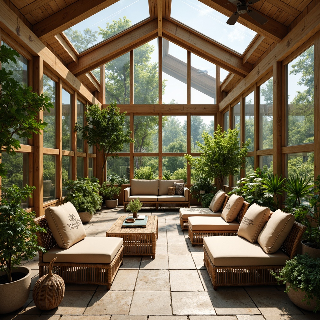 Prompt: Vibrant sunroom, floor-to-ceiling glass windows, sliding doors, natural stone floors, wooden beams, minimalist decor, abundant greenery, lush plants, rattan furniture, warm earthy tones, organic textures, soft diffused light, clerestory windows, skylights, solar tubes, ambient illumination, 1/1 composition, intimate atmosphere, cozy reading nooks, plush throw pillows, nature-inspired artwork, botanical prints.